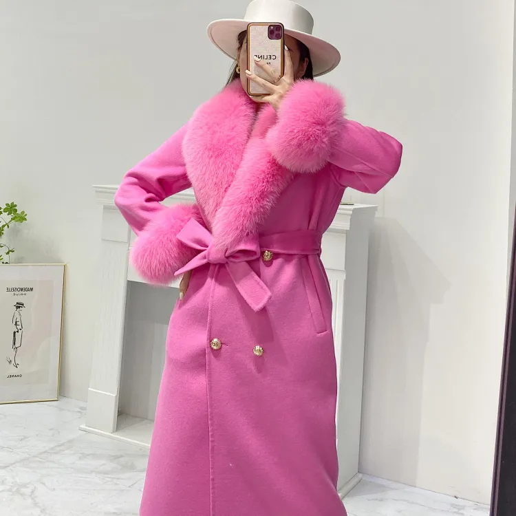 Châu Âu Nóng Bán Handmade Lớn Bất Fox Fur Collar Vành Đai Thiết Kế Slim Fit Dài Len Coat Mùa Đông Phụ Nữ Cashmere Fur Coats