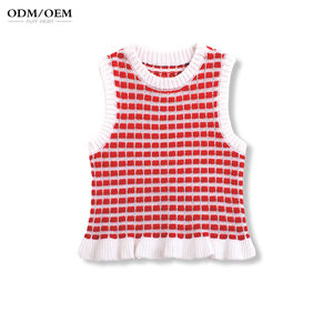 Gilet sans manches jacquard personnalisé pour femme, style streetwear, bordure frisée, motif écossais, tricoté, décontracté printemps, anti-rétrécissement - Product Image 1