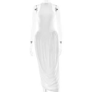 Robe longue pour femme, col rond, taille naturelle, plis, fente, respirante, robe décontractée quotidienne - Product Image 5