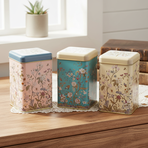 Juego de cajas de lata cuadradas de 105x105x160mm (Juego de 3) Diseño floral Pastel Blue Botanica Design - Product Image 3