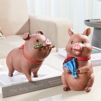 Patung Resin Pasangan Babi Lucu dengan Buket Bunga Ornamen Desktop Dekorasi Rumah Ruang Tamu Kerajinan Hadiah Valentine