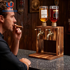Distributeur de liqueur en bois gravé avec double robinet, bar à domicile, ensemble de carafe à whisky avec verres - Product Image 4