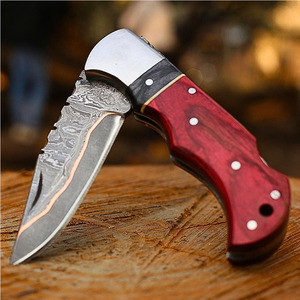 Navaja Plegable de Acero de Damasco de Alta Calidad con Incrustaciones de Cobre, la Más Vendida para Supervivencia, Camping y Caza, con Mango de Madera y Grosor de 0.6mm - Product Image 3