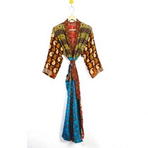 Kimono de satén de seda con estampado floral vintage, talla única, elegante, informal, con cierre de cordón, suave, transpirable, sexy, hasta la rodilla. - Product Image 1