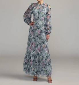 Vestido Maxi Azul Floral con Cuello Redondo y Mangas Farol, con Volantes, Tejido Ecológico, Estampado Digital, Lavable, Antiestático, Servicio OEM - Product Image 2