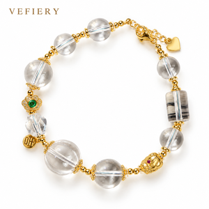 Bracelet extensible en perles de quartz naturel transparent en forme de citrouille avec breloque décorative dorée pour femme, vente en gros de bijoux - Product Image 1