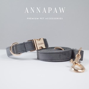 Collier pour chien personnalisé avec nom gravé, en velours tactique épais gris foncé, avec laisse et nœud papillon, pour cadeau de mariage - Product Image 5