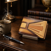 Dompet Kulit Vintage Desainer Berlapis Patchwork untuk Pria, Dompet Lipat Dua dengan Banyak Slot Kartu dan Kantong Koin, Pewarnaan Tangan