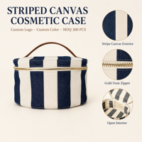Trousse de Maquillage Cylindrique Personnalisée avec Logo, Style Nautique Rayé en Jean et Toile, Fermeture Éclair, Poignée en Cuir