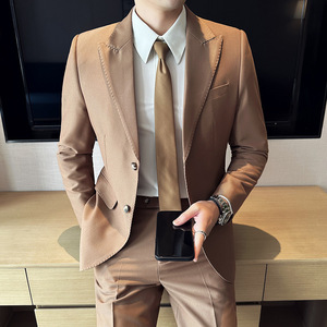 Costume <span class=keywords><strong>Homme</strong></span> Élégant et Tendance Coupe Slim à Simple Boutonnage Anti-plis Anti-boulochage Couleur Unie Deux Pièces Design Personnalisé - Product Image 3