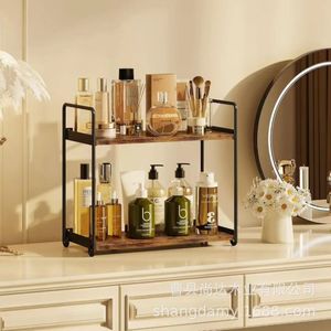 Cross-border double-layer iron <b>desktop</b> storage rack, home wall-mountable wooden kitchen countertop storage <b>shelf</b> - Product Image 1