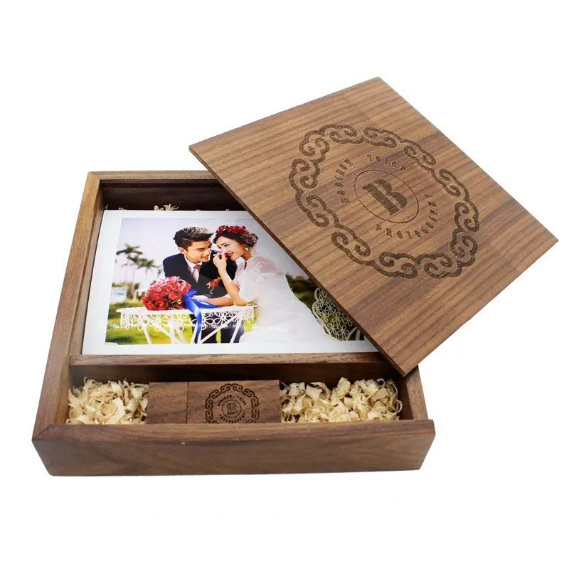 2023 wedding favors gifts guest custom logo maple walnut wooden usb 3.0 pen drive 8gb 16gb 32gb 64gb Photo Album box with slider