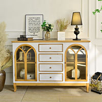 Armoire de rangement de cuisine moderne INNOVA Accent style farmhouse en bois massif avec porte en verre cintrée et 4 tiroirs pour bar à domicile ou salon