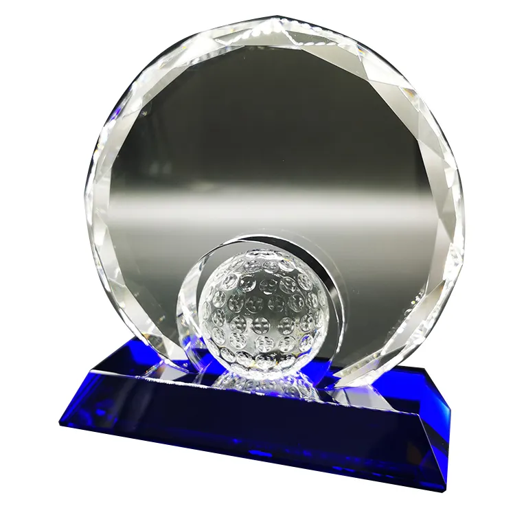 New Design Customized High Quality 3d Carved Round Golf K9 Crystal Glass Trophy