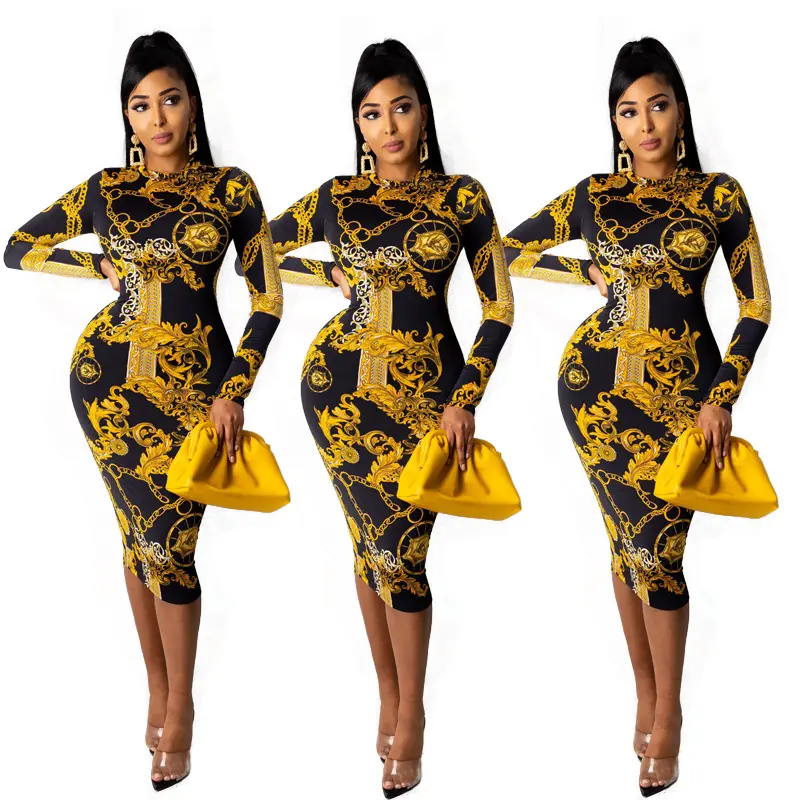 Autumn Spring Vintage Classy African Print Dress Long Sleeve Elegant Midi Dresses Breathable Yellow Casual Bodycon Dress