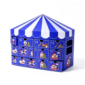 Custom Carousel Tent Shaped Advent Calendar <b>Box</b> 24 Days Blue White Stripe Empty OEM <b>Christmas</b> Surprise Gift Packaging Wholesale - Product Image 1