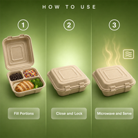 Boîte repas jetable à 3 compartiments en bagasse de canne à sucre, compatible micro-ondes, pour déjeuner, collation, à emporter, bento, boîte à repas chaud, restaurant