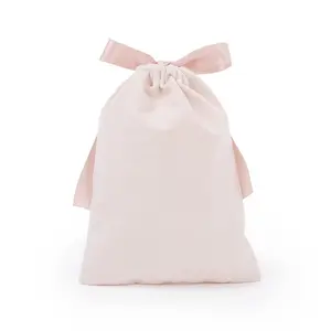 Hanio Custom Fabric Storage Pouch Reusable Gift Packaging Beige Velvet Drawstring Dust Bag With Ribbon
