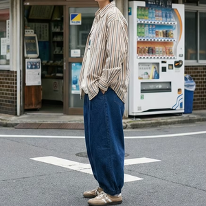 Women's Loose Denim <strong>Jeans</strong> Side Stripe Wide Leg Pants <strong>Elastic</strong> Waist Baggy Men's Streetwear Casual Blue Trousers Summer Fashion - Product Image 1