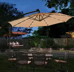 Uplion Cantilever Solar Patio Umbrella With Outdoor LED Lights Crank And Cross Base Fancy Parasols