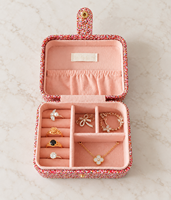 Boîte de rangement pour bijoux en cuir PU rectangulaire élégante et personnalisée, fermeture à bouton pression, finition poudre scintillante/paillettes, sur mesure
