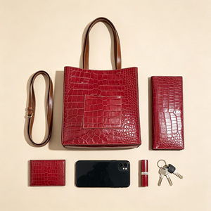 Bolso de Hombro Clásico para Mujer, Color Borgoña, con Estampado de Cocodrilo, Correa Marrón, Bolsillo Frontal, Tipo Shopper - Product Image 4