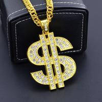 Collier pour homme style punk hip-hop plaqué or 18 carats avec pendentif dollar en cristal et strass, bijoux