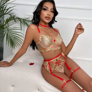 2023 Latest Models Mature Lingerie Sexy Golden Waves Embroidery Transparent Mesh Chocker Leg Ring 4 Pieces Sets