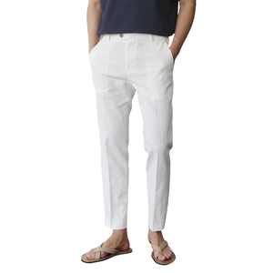 OEM 2025 Men's <strong>White</strong> Solid Cotton <strong>Linen</strong> <strong>Cropped</strong> Casual Pants Breathable Breathable Suit <strong>Trousers</strong> Flat Zipper Fly <strong>Linen</strong> <strong>White</strong> - Product Image 5