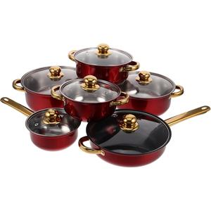Juego de ollas y sartenes antiadherentes rojas con tapa de vidrio y mango de acero inoxidable para cocina doméstica - Product Image 1