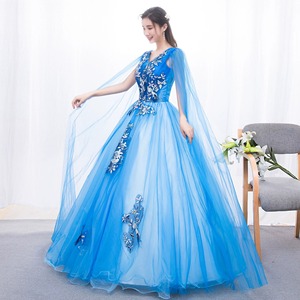 Evening Gown Royal Blue V Neck Floral Embroidery Tulle Empire Waist Formal Dress For Banquet And Annual Meeting - Product Image 2