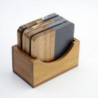 Ensemble de 4 sous-verres en marbre et bois d'acacia avec support en bois, sous-verres noirs écologiques pour la cuisine