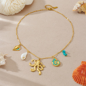 Gold Plated Octopus Conch Shell Pendant Necklace Zinc Alloy Themed Animal Charm Jewelry - Product Image 3