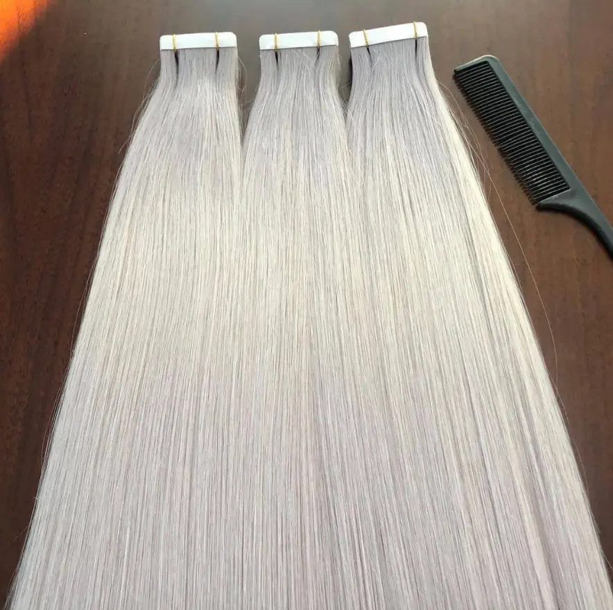 Tape in hair extensions 100% human hair light grey double drown remy hair in stock easy to reply for beauty women