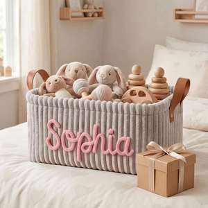 Panier pour bébé avec broderie personnalisée, bac de rangement en velours côtelé, décoration de chambre d'enfant, panier à couches pliable - Product Image 3