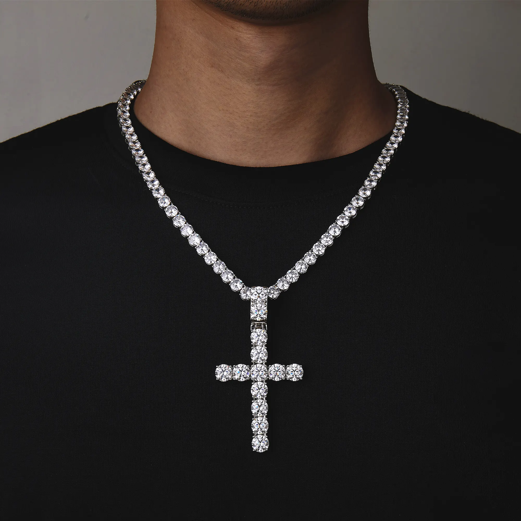 6/8mm argent sterling 925 tennis grande croix collier moissanite pendentifs et chaîne pour hommes