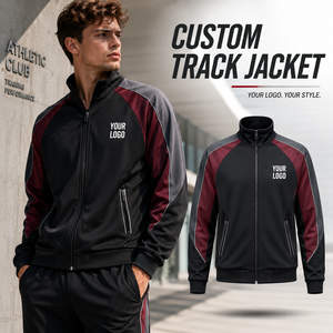 Veste de survêtement personnalisée pour homme, noire et bordeaux, à blocs de couleur, col montant, fermeture éclair intégrale, avec poches zippées, pour clubs sportifs - Product Image 1