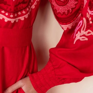 Vestido de Verano Personalizado con Bordado Elegante, de Algodón y Lino, Cuello en V, Casual, Corte en A, Mangas Abullonadas, Midi, para Mujer - Product Image 3