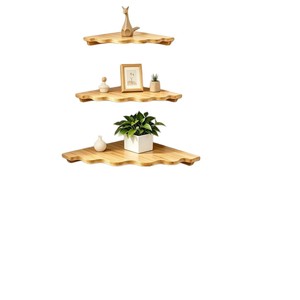 Étagère d'angle murale en bambou à bords ondulés pour cuisine et salle de bain, étagère multi-niveaux en bois avec grain de bois naturel - Product Image 2