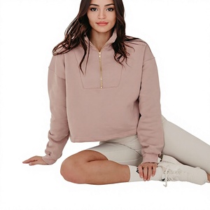 เสื้อสเวตเชิ้ตครอปคอตั้งแบบซิปครึ่งตัวสีชมพูสำหรับผู้หญิง - Product Image 1