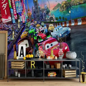 Boy Favourite Cartoon Car Racing Wall Mural For Kids Room Popular Funny Cartoon Wallpaper