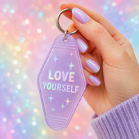 Porte-clés d'hôtel personnalisés : Cadeau d'encouragement sur le thème de la santé mentale, holographique, pastel, amour-propre, en plastique, style motel
