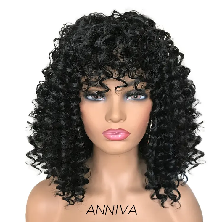 Short synthetic hair fiber wig 14inch natural black High Temperature wig Afro curly kinky wigs for black women