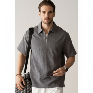 <strong>2026</strong> Summer Men's Old Money Style Solid Casual Shirt Linen Lyocell Nylon Blend Half-Placket Textured Short Sleeve Cooling <strong>Polo</strong> - Product Image 1