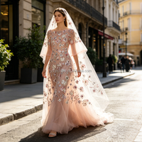 Tissu en dentelle de tulle G3808 lourd, orné de fleurs de lotus 3D, de paillettes et de perles, disponible en 8 couleurs pour robes de mariée et robes de soirée
