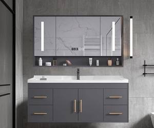 Simple grey wall mounted bathroom cabinet with smart <b>mirror</b> cabinet and modern design - Product Image 3