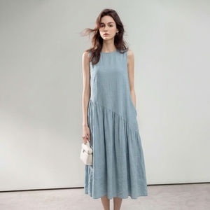Demana Linen Pleated <b>Patchwork</b> Dress Women Summer Lightweight Loose Round Neck Sleeveless A Line <b>Skirt</b> - Product Image 2