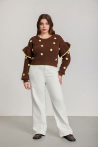 Maglione da <span class=keywords><strong>Donna</strong></span> Invernale 2026 <span class=keywords><strong>Marrone</strong></span> Lavorato a <span class=keywords><strong>Maglia</strong></span> Taglie Forti Elegante Casual con Decorazioni Floreali Affascinante Maniche a Sbuffo con Volant Spesso - Product Image 5