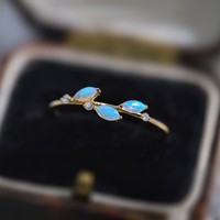 Bague délicate en argent 925 plaqué or 18 carats avec opale marquise bleu-vert en forme de feuille, bagues fines
