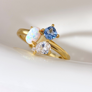 Adjustable Stackable Gold <b>Ring</b> Multi Stone <b>Ring</b> With Oval <b>Opal</b> Main Stone Blue Pear CZ Three Stone Open <b>Ring</b> <b>For</b> <b>Women</b> - Product Image 1